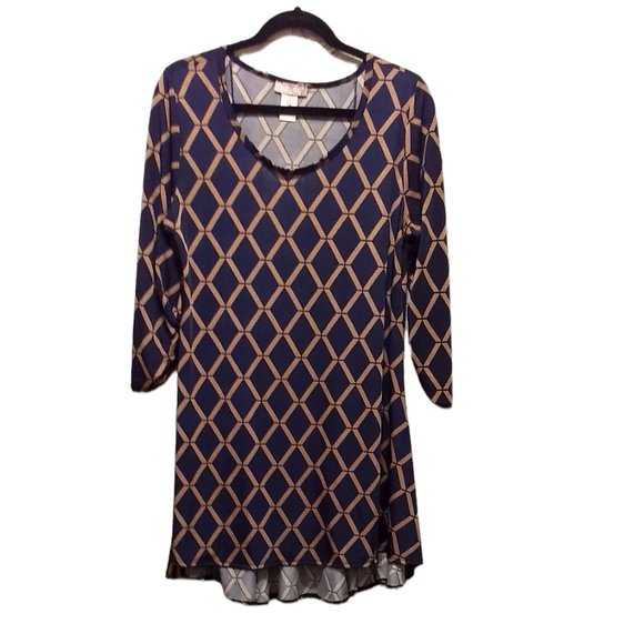 Blue Tan Diamond Print Hi-Lo Tunic Sz Large not 2X - Picture 3 of 7